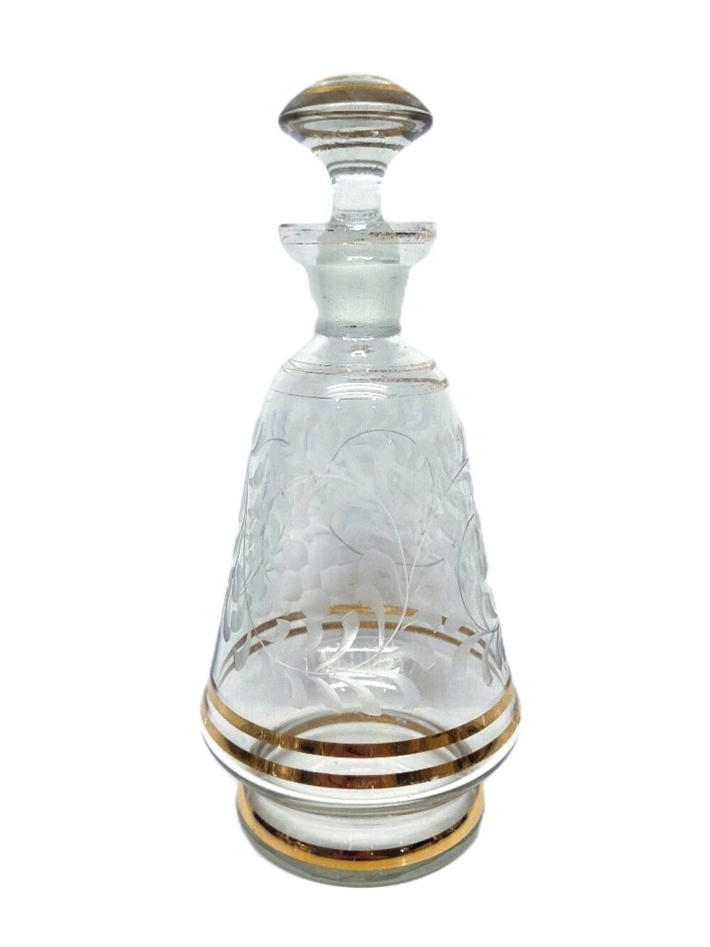IRICE Irving Rice Glass Decanter MCM Etched Gold Gilt 8" Vintage Bohemian Czech
